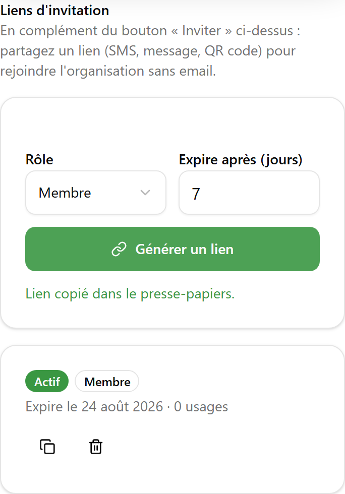 Managing an organization's members and invite links
